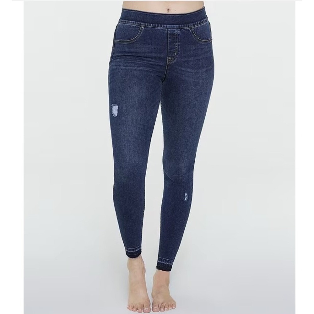 Spanx Distressed Denim High Rise Elastic Waist Jeggings $128 Women's size Small